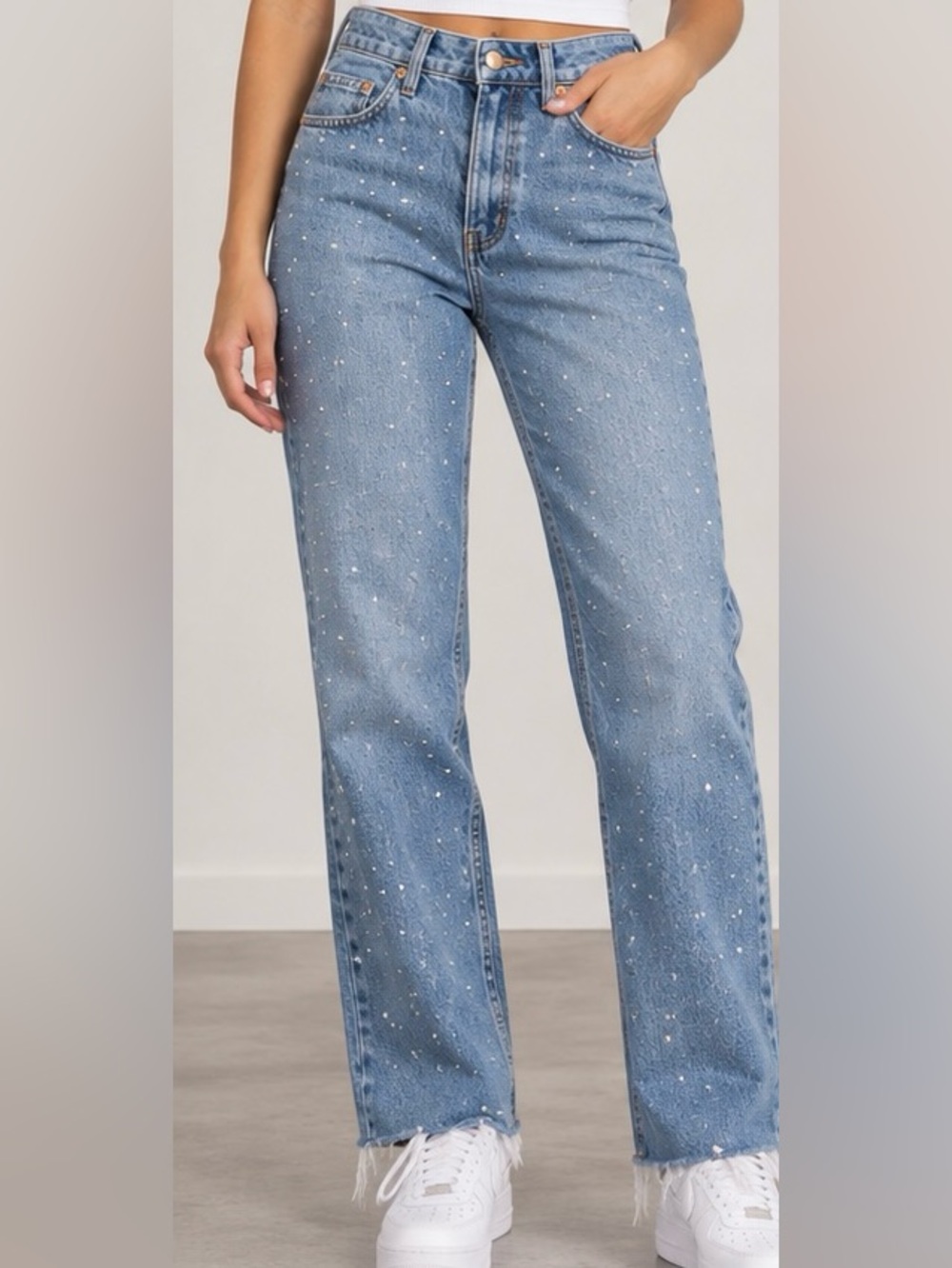 H&M Light Blue Straight-Leg Jeans with Rhinestone Detail